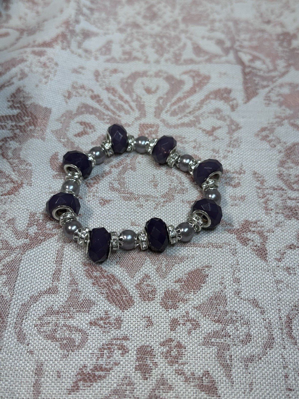 Purple Round Beaded Stretch Charm Bracelet with Silver Tone Spacer Beads