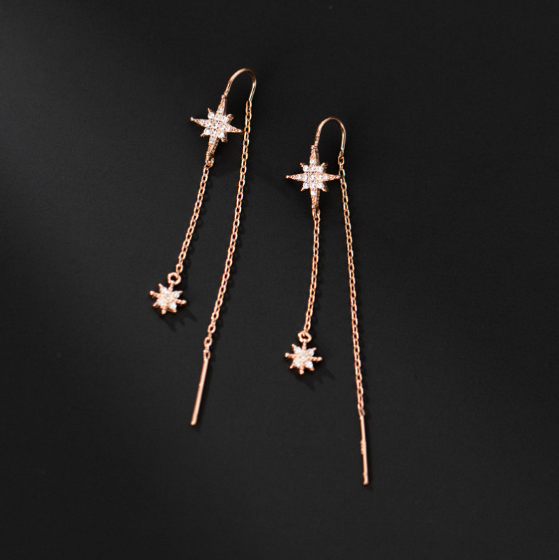 Rose Gold Snowflake Star CZ Dangle Threader Earrings Sterling Silver Set PE48
