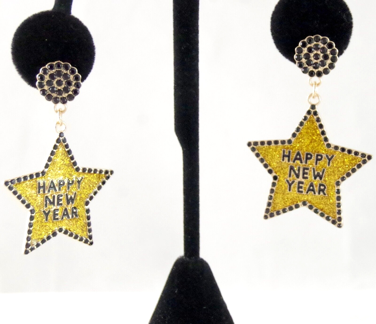 BETSEY JOHNSON HAPPY NEW YEAR STAR GOLD GLITTER RHINESTONE DROP DANGLE EARRINGS