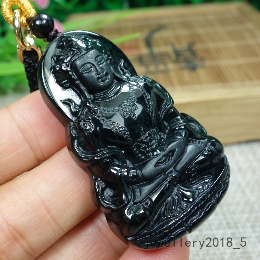 Certified Black Green Burma 100% Natural A jadeite Jade Pendant~Guan Yin 墨翠 渡母观音