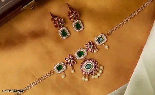 Artificial Jewelry Set for Women | Green & Red Necklace Set with Earrings