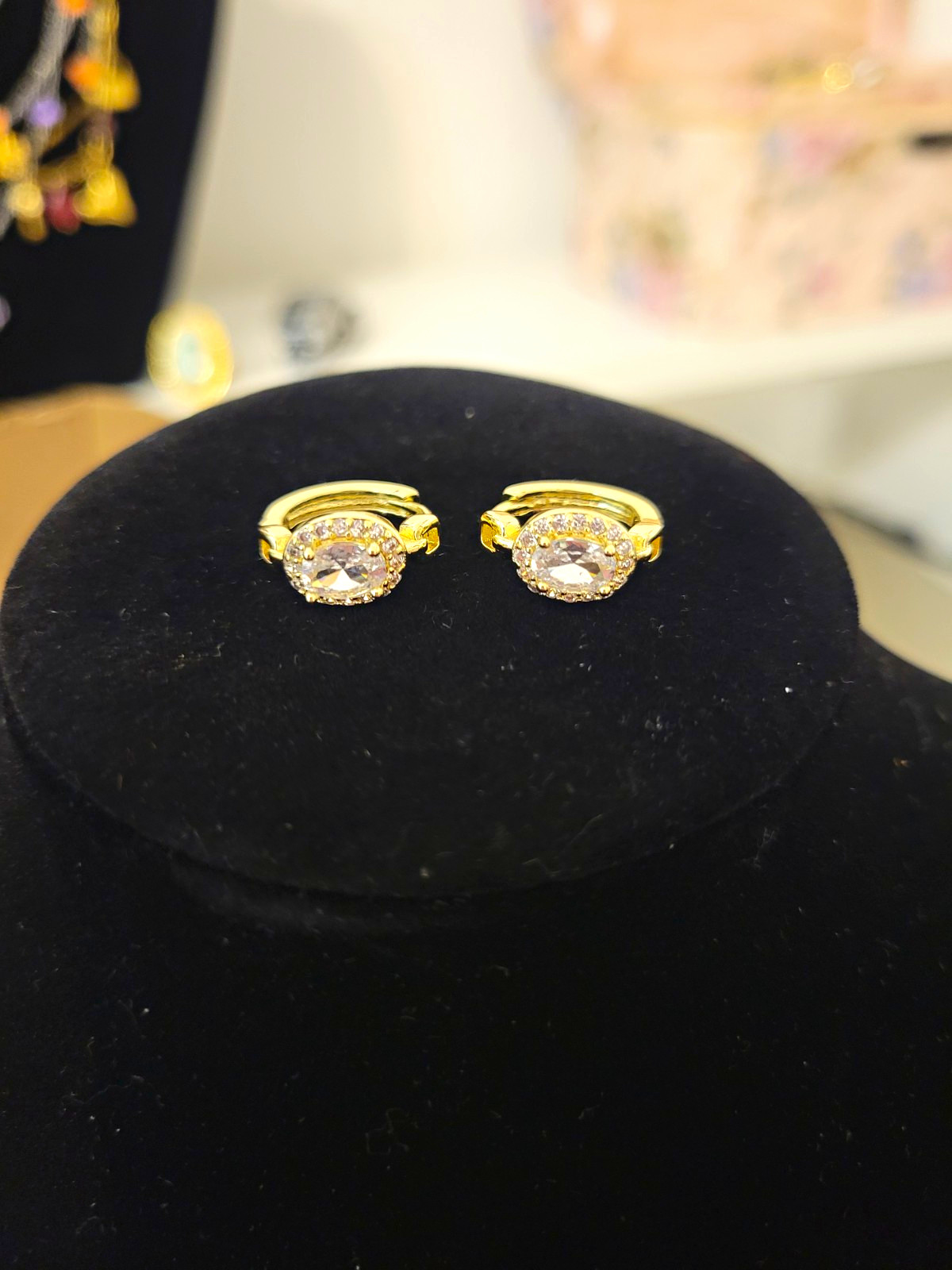 Gold Plated Tone Clear Simulated Crystal Halo Hinged Huggie Hoop Earrings Pair