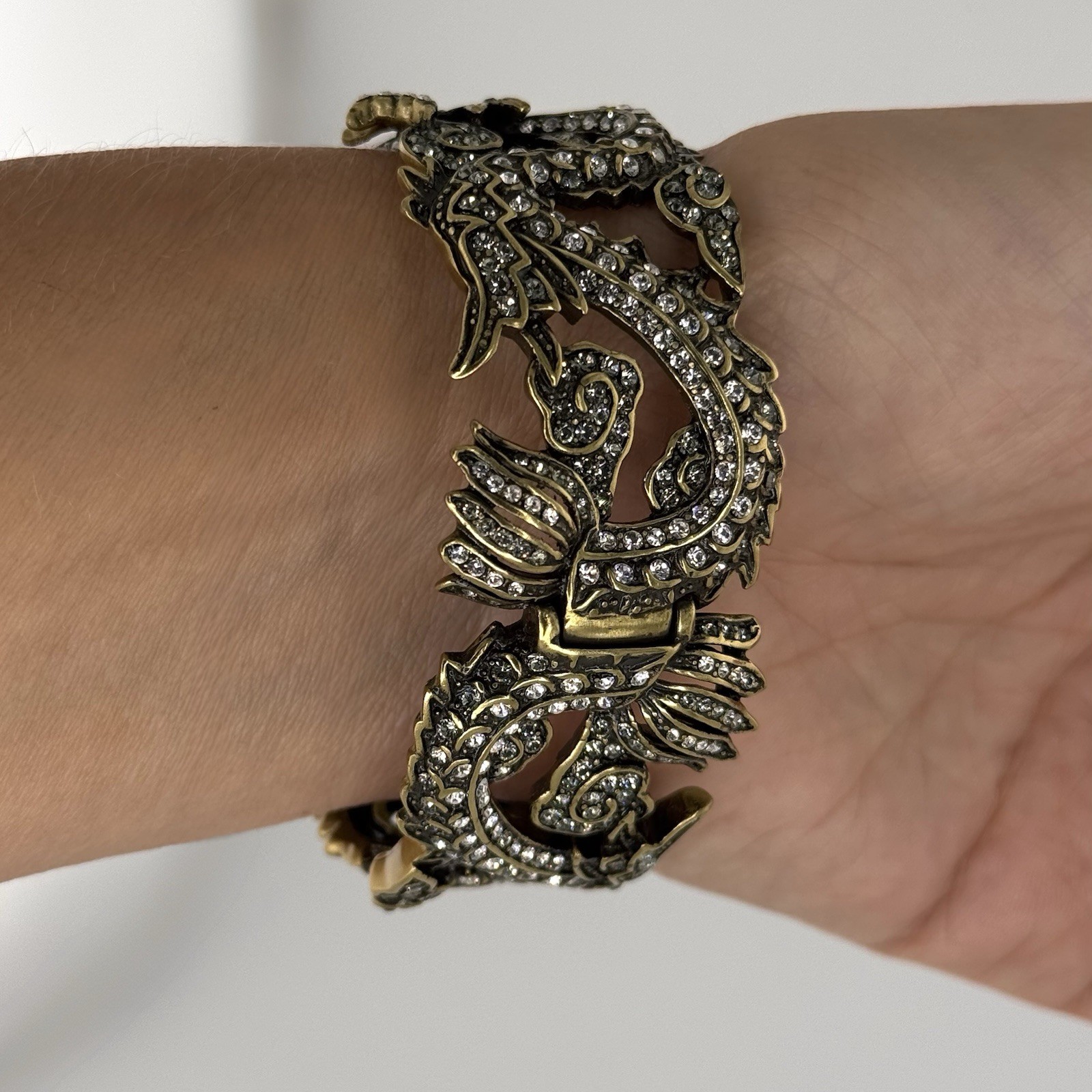 Rare Dragons Heidi Daus Signed Hinge Cuff Bracelet w/ White+Black Swarovski Gems