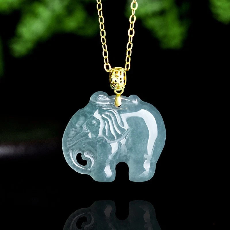 New Real Grade A Natural Blue Jade Jadeite Elephant Pendant With 18K Clasp