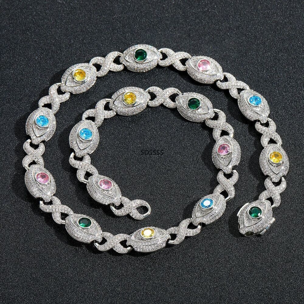 Cuban Chain Necklace Bracelets Zircon Mens Jewelry Hip Hop Colorful Eye
