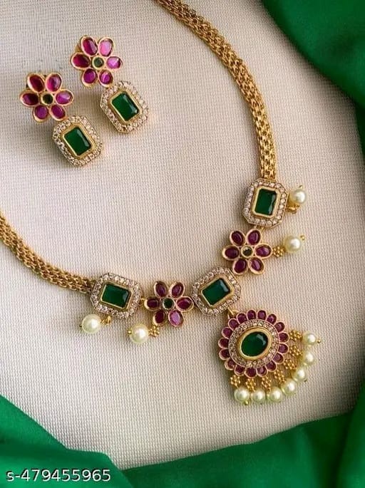 Artificial Jewelry Set for Women | Green & Red Necklace Set with Earrings