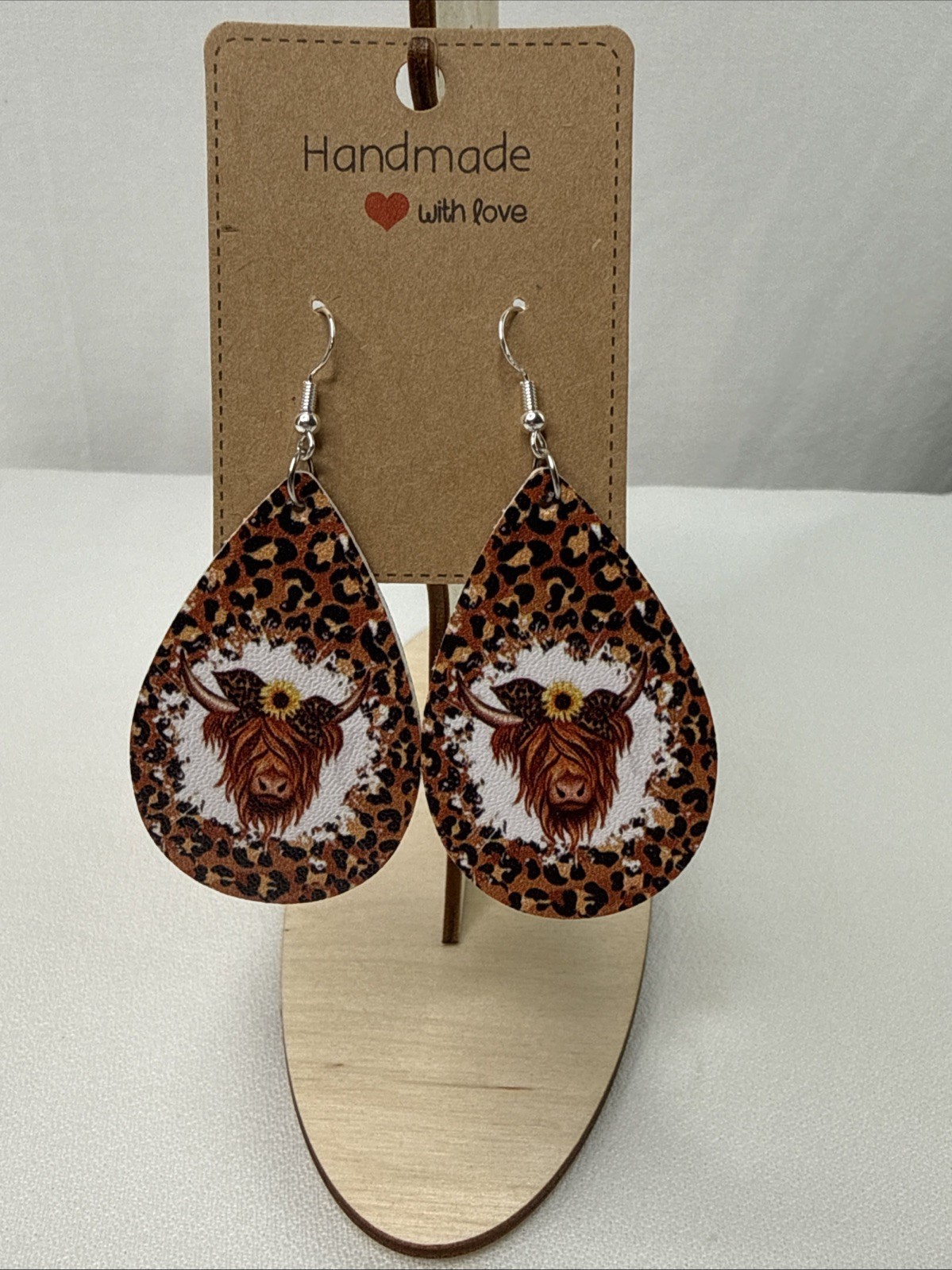 Cow Print Faux Leather Teardrop Dangle Earrings W/Hypoallergenic Silver Hooks