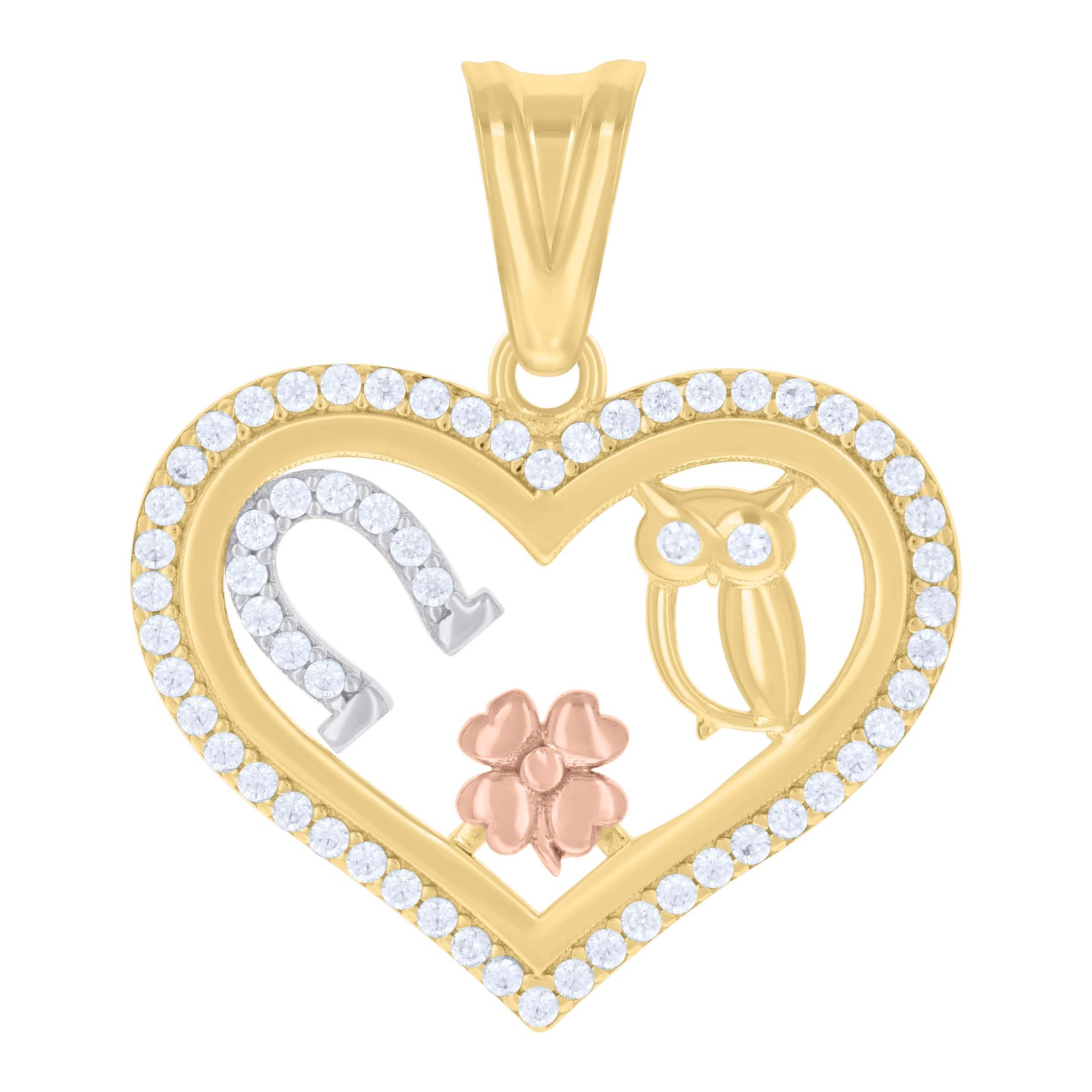 10K Tri-Color Gold CZ Luck Horseshoe Owl & 4 Leaf Clover in Lucky Heart Pendant