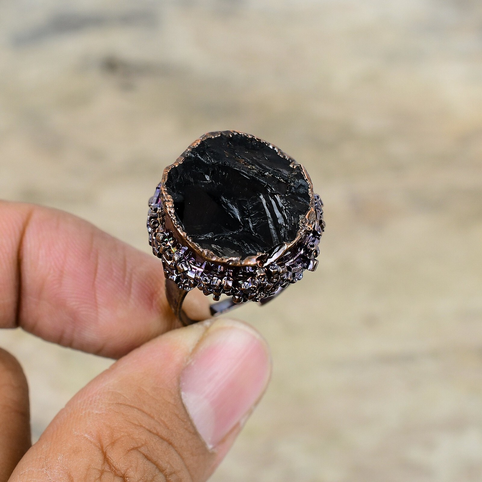 Copper Black Tourmaline Rough Gemstone Daughter Solitaire New Electroformed Ring