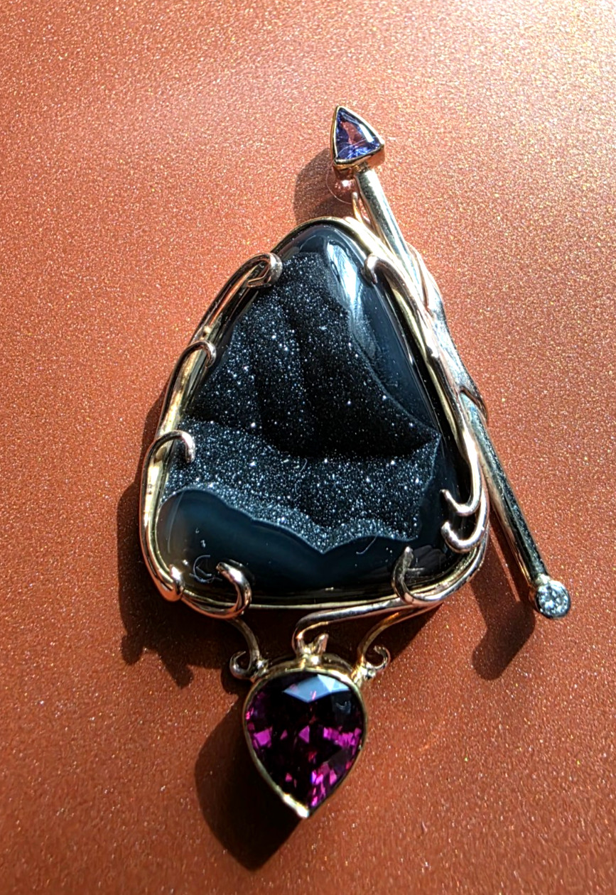 Custom Award-Winning Solid 3 Color Gold Black Drusy , Tour, Tanz, Dia, Pin 14KT.