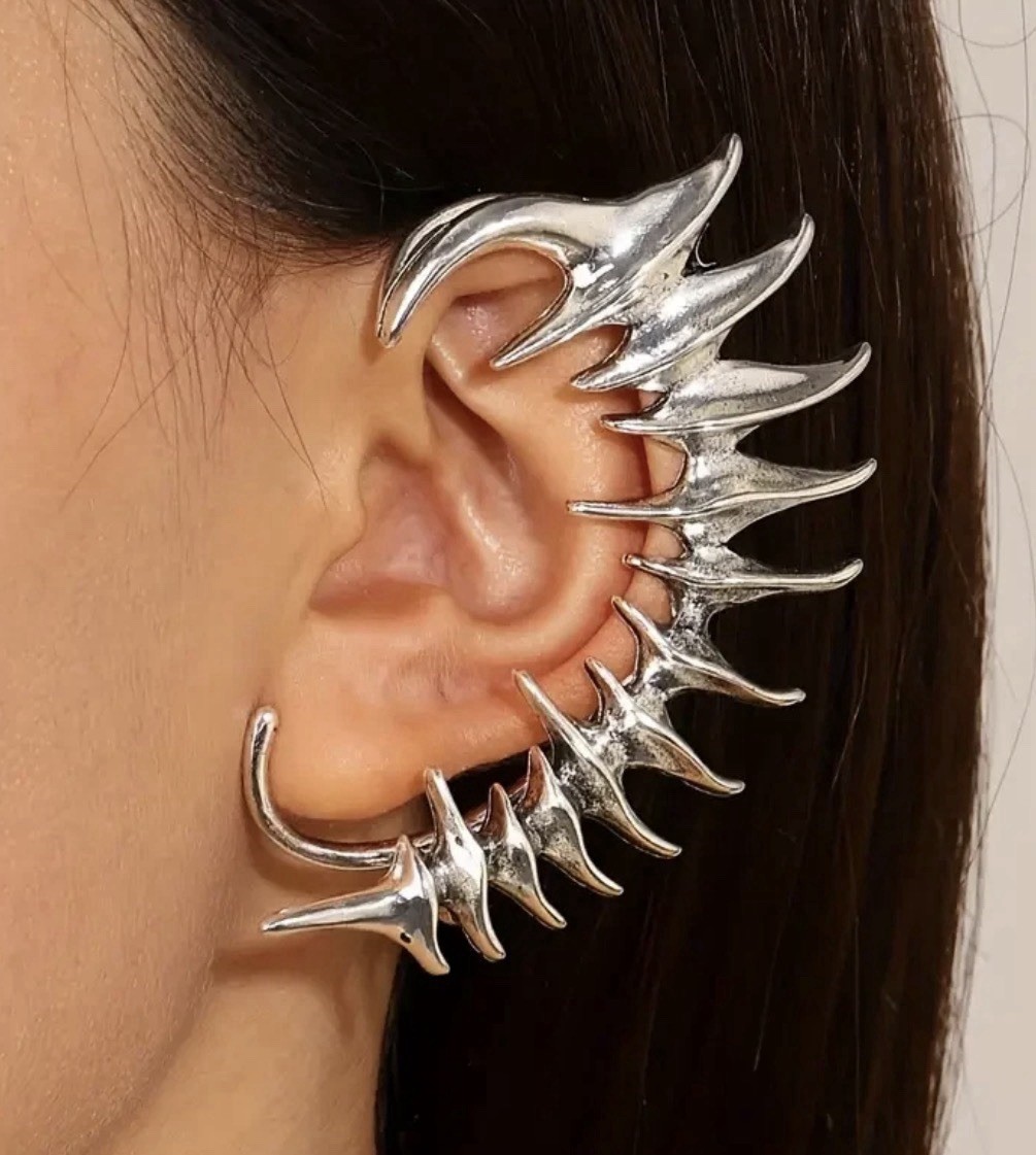 Gothic Punk spike Dragon Bone silver wrap cartilage around left Ear Cuff Jewelry