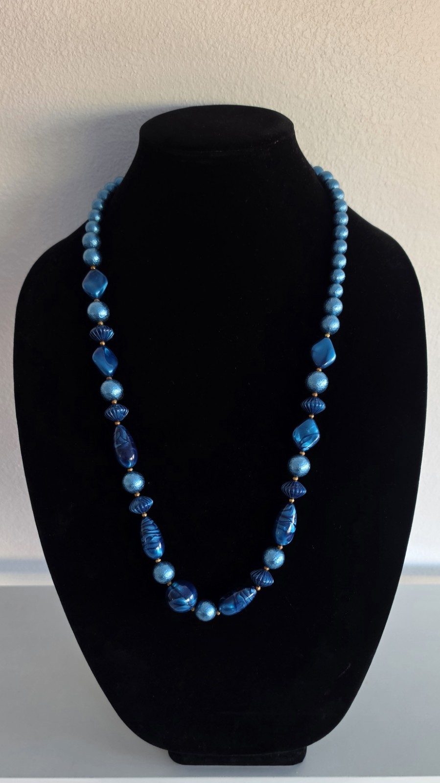 Blue Art Glass Beaded Statement Necklace Foil Glass Lampwork Style 22″ Gold Tone