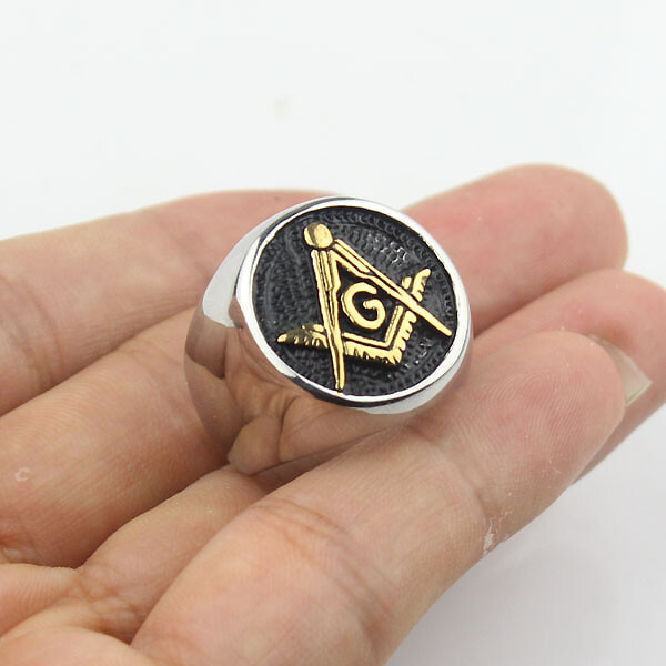 Mens Gold Plated Embossed Stamped Freemason Masonic Stainless Steel Biker Ring