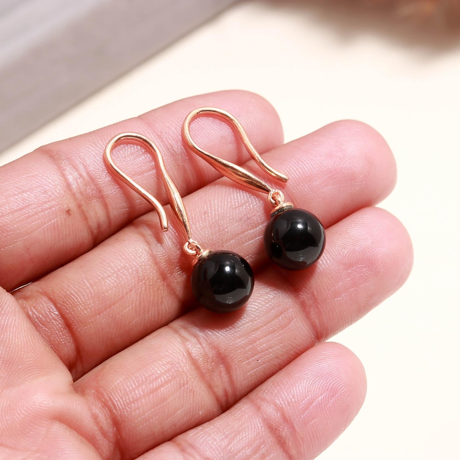 Natural Black Onyx Ball Dangle Earrings Rose Gold Plated Solid Silver Jewelry