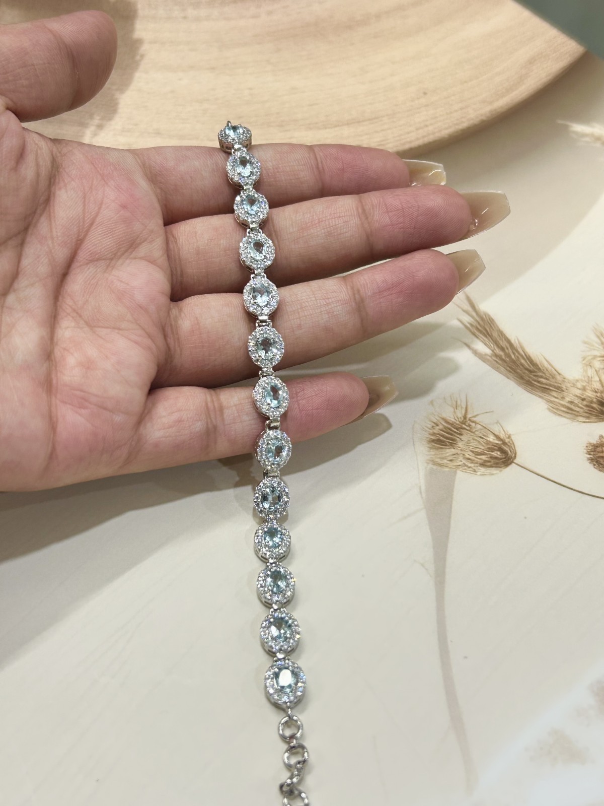 Aquamarine Oval 5×4 MM 925 Silver 14k White Gold Plated Tennis Bracelet- 7.5 In.