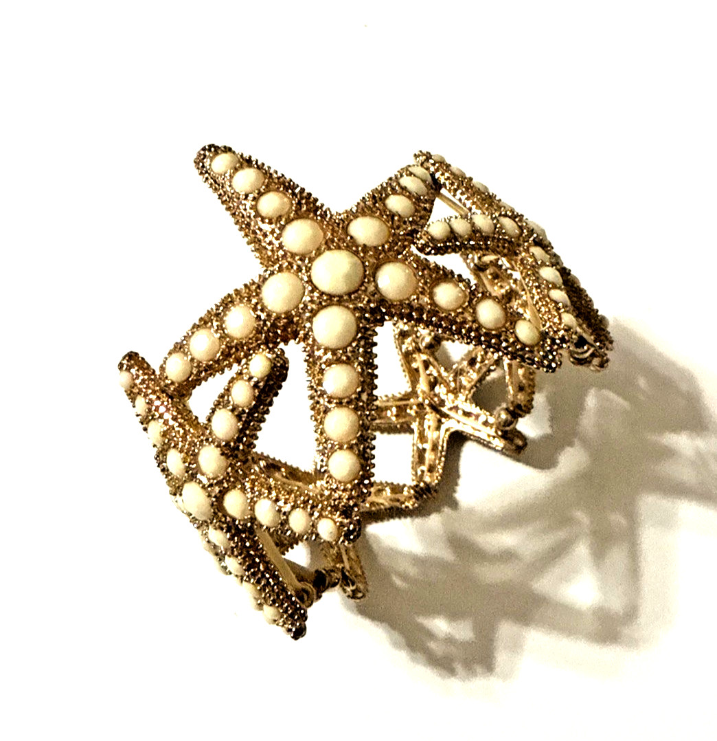 Starfish Bracelet White Rhinestone Gold Tone Beach Sea Life Statement Stretch