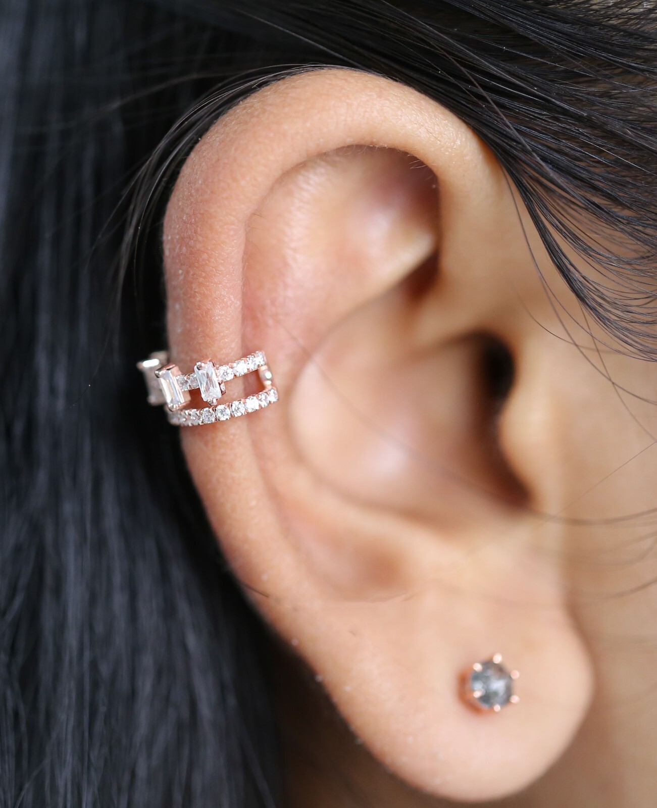 Natural Round /Baguette Diamond Ear Cuff 14K Rose White Yellow Gold KD1085