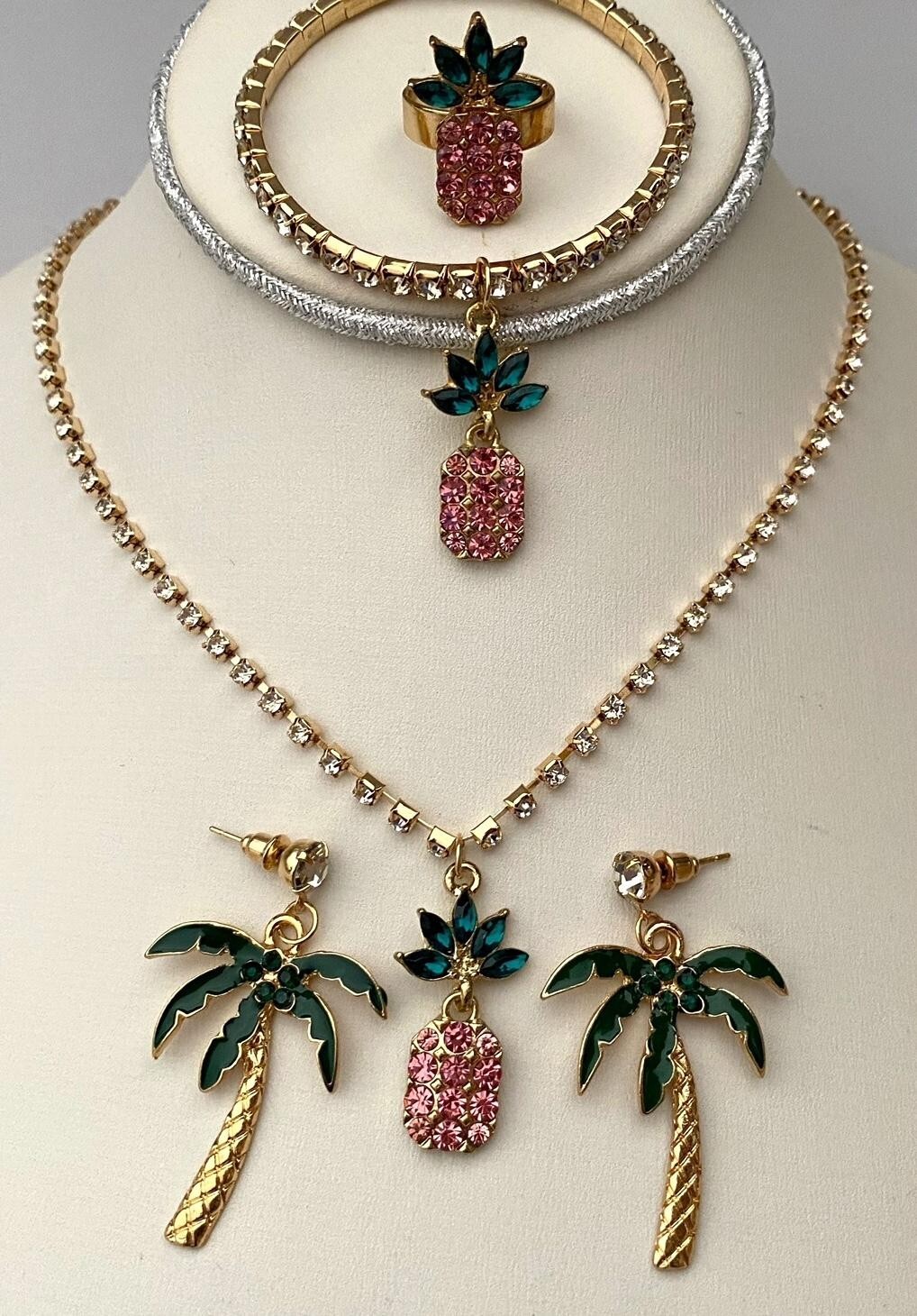 4pcs GOLDTONE PINEAPPLE SET NECKLACE, EARRINGS, BRACELET, RING CRYSTALS