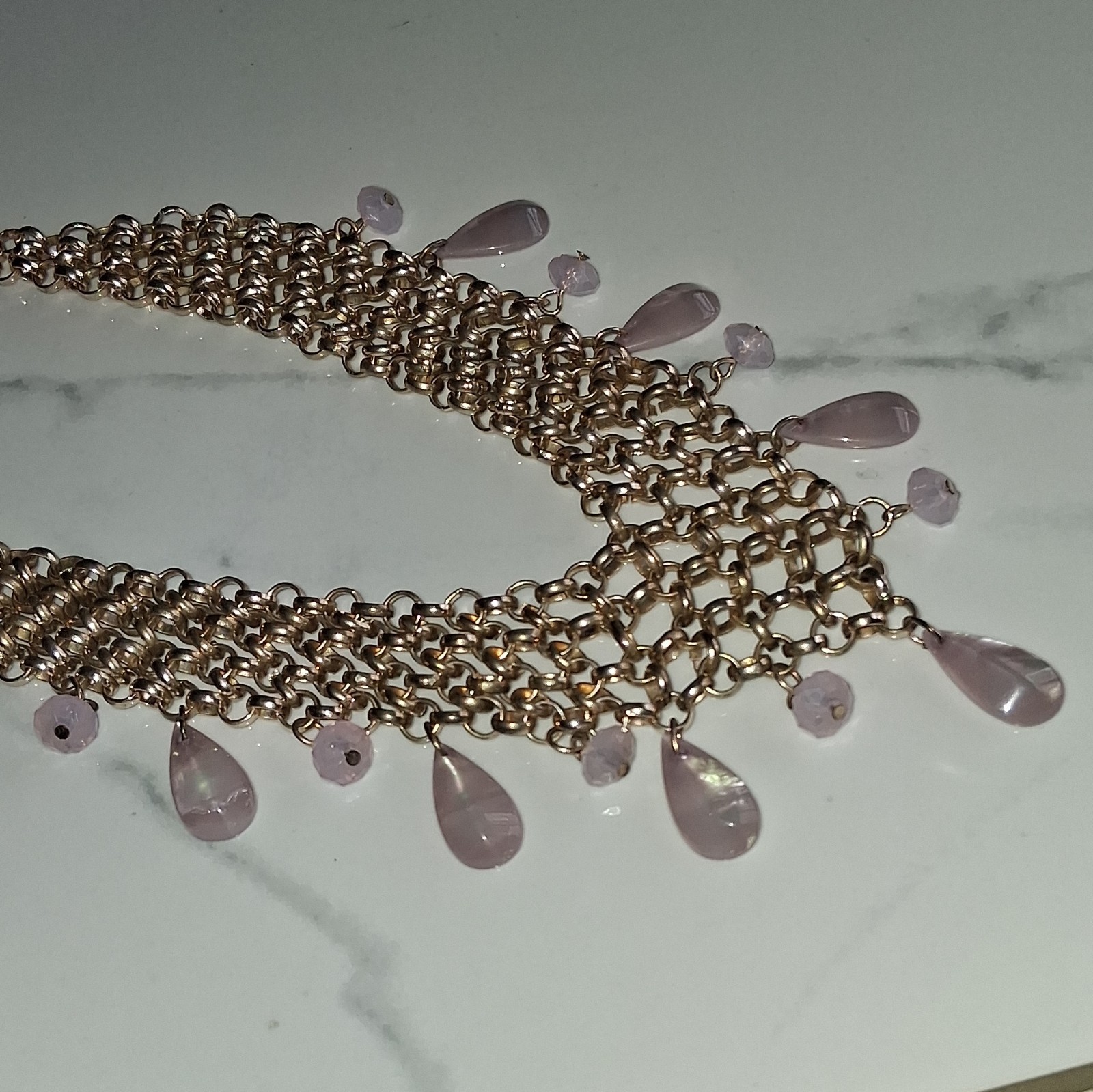 Gold Tone Bib Chain Necklace w/ Pink Teardrop Dangle Charms, Lobster Clasp
