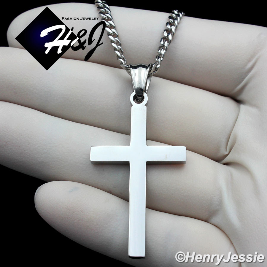 20″Stainless Steel 3mm Silver Cuban Curb Chain Necklace Plain Cross Pendant*SP29
