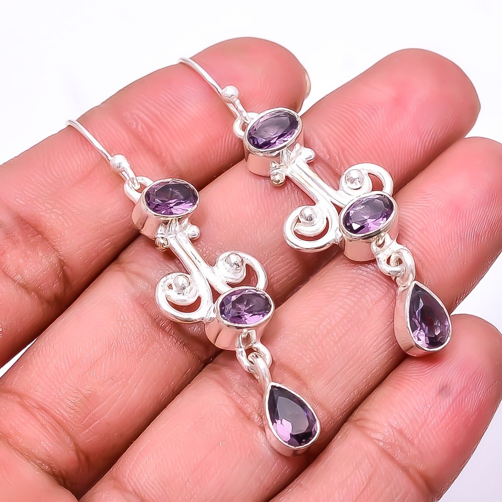 Purple Amethyst Multi Collet 925 Sterling Silver Earring 2.15″ E11, Christmas
