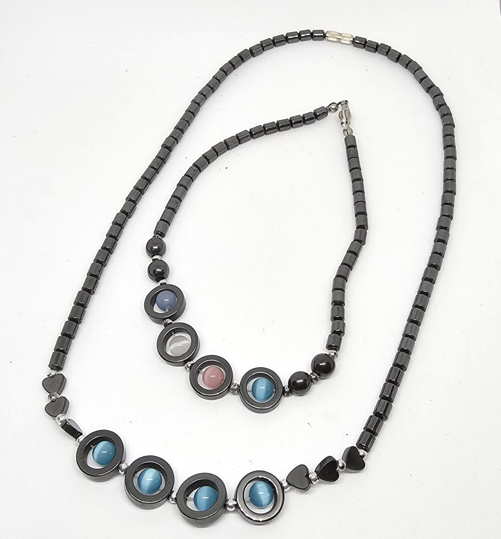 Hematite Necklace & Anklet Set Magnetic Beachy Heart Colorful Beads 18″/10″