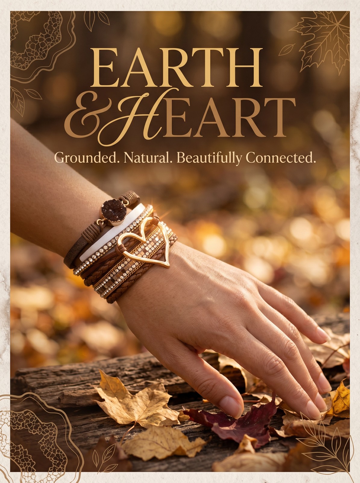 Romantic Boho Heart Wrap Bracelet – Coffee Brown Multi-Strand Leather w/ Stone