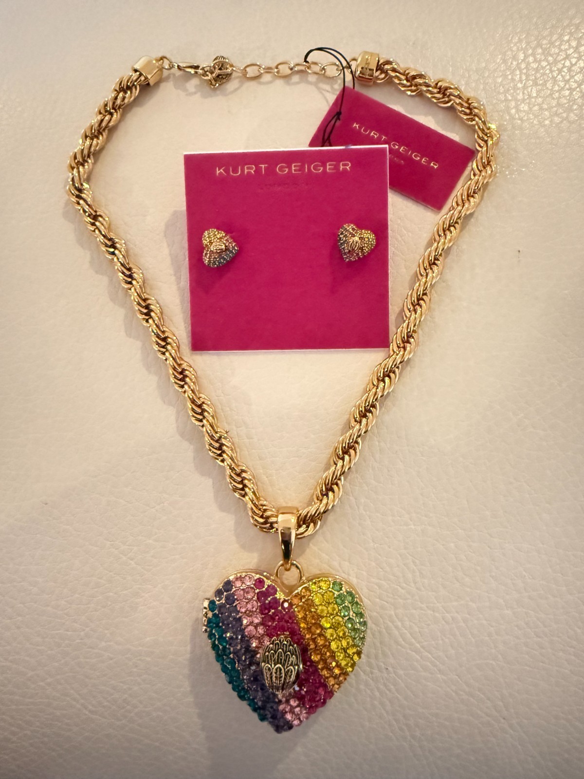 NWT KURT GEIGER LONDON XL CRYSTAL HEART LOCKET NECKLACE & EARRINGS W DUST BAG