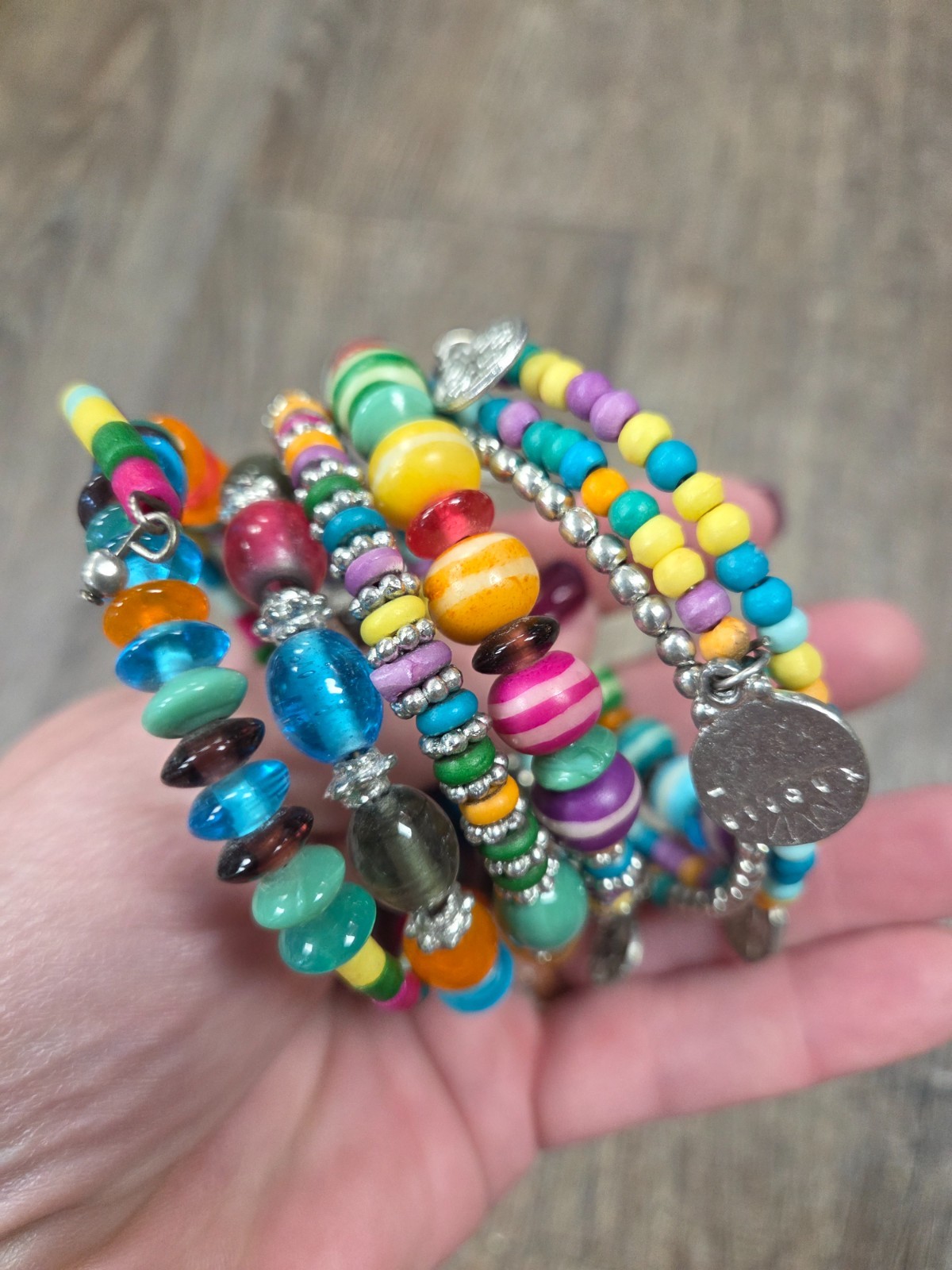 Bijoux Bright Colored Beaded Chunky Pink Blue Yellow Teal Wrap Bracelet Charms