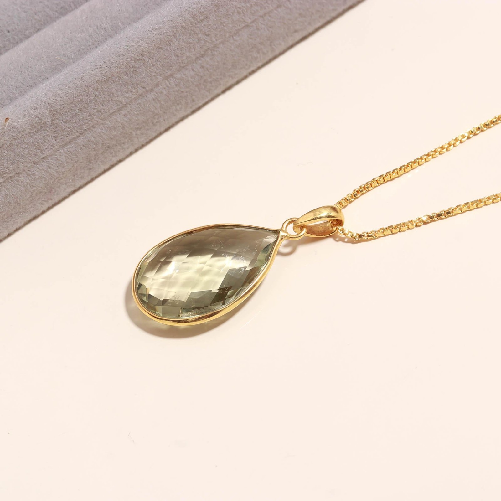 100% Natural Green Amethyst Pear Necklace Gold Fill925 Sterling Silver Jewelry
