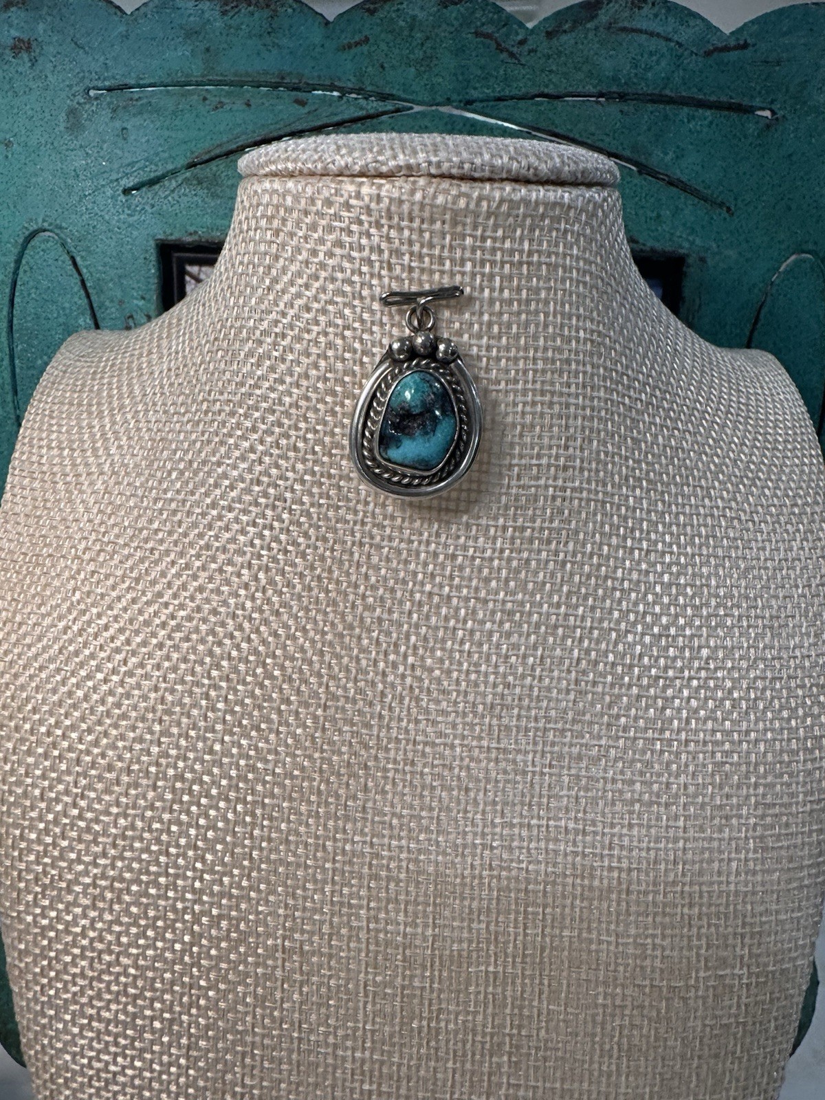 Turquoise Blue Oval Bezel Charm Pendant Silver Tone Drop Stone Medallion