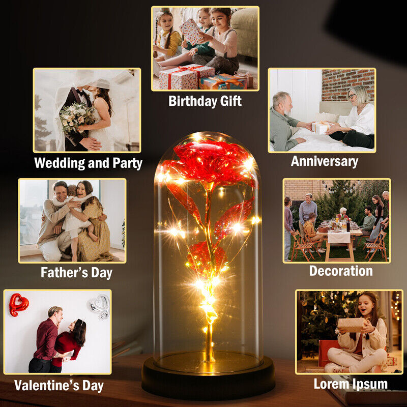 Crystal LED Rose Flower in glass dome Romantic Gift Love for mom girl Birthday