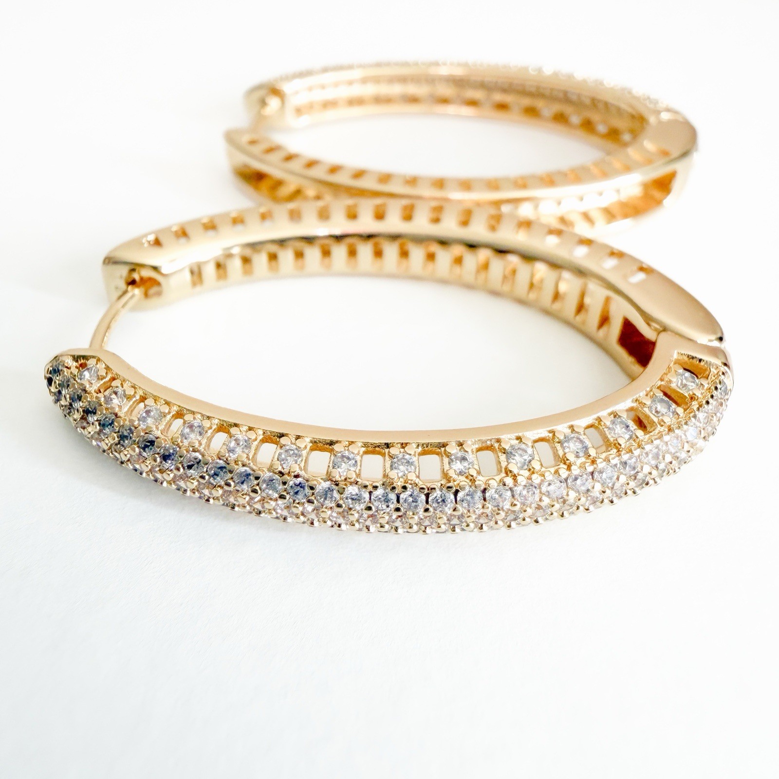 Gold Plated Pavé White Crystal Huggie Hoop Earrings Snap Closure Lobe