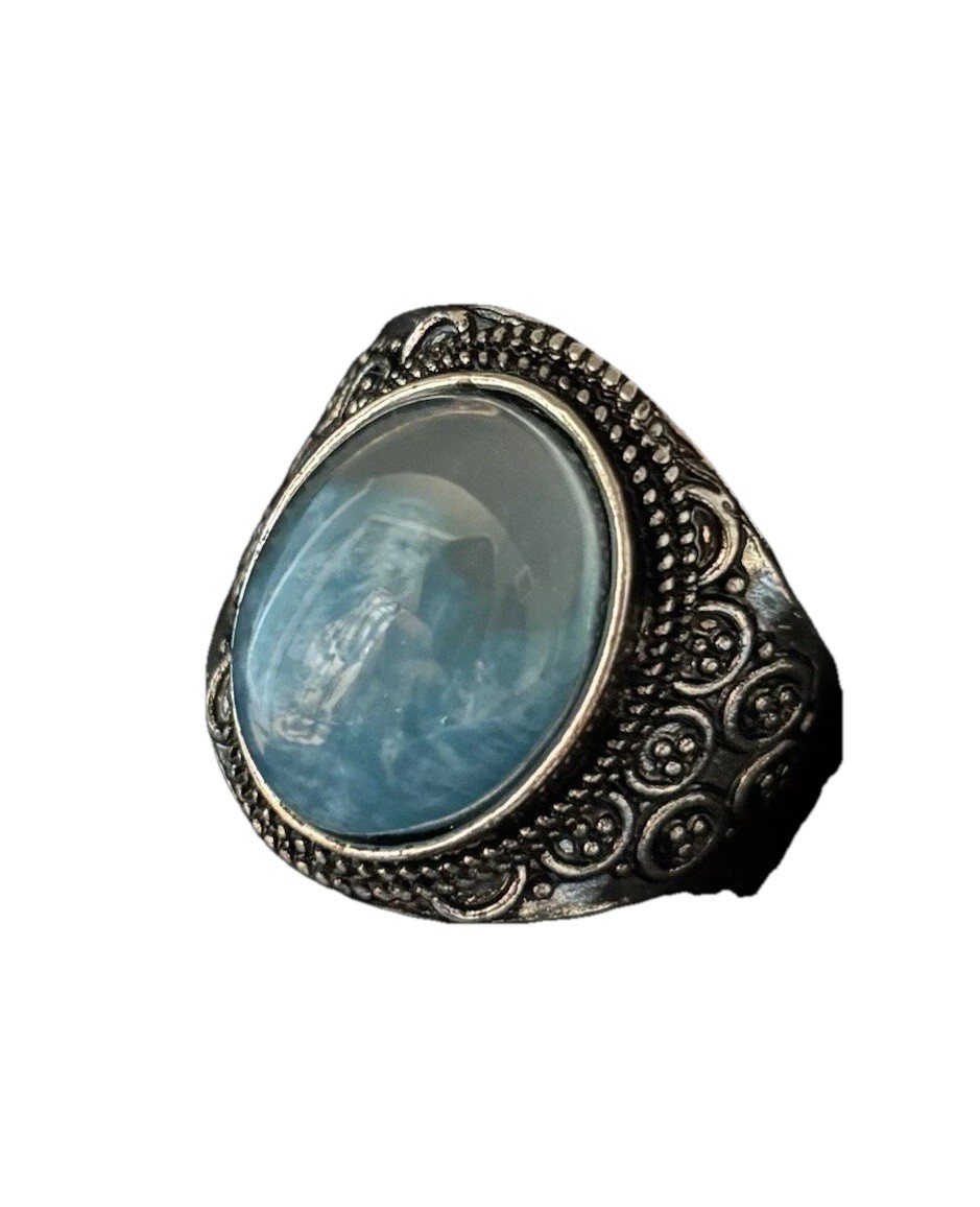 Blue Gemstone Statement Ring Silver Plated Court Style Sz 11 Larimar