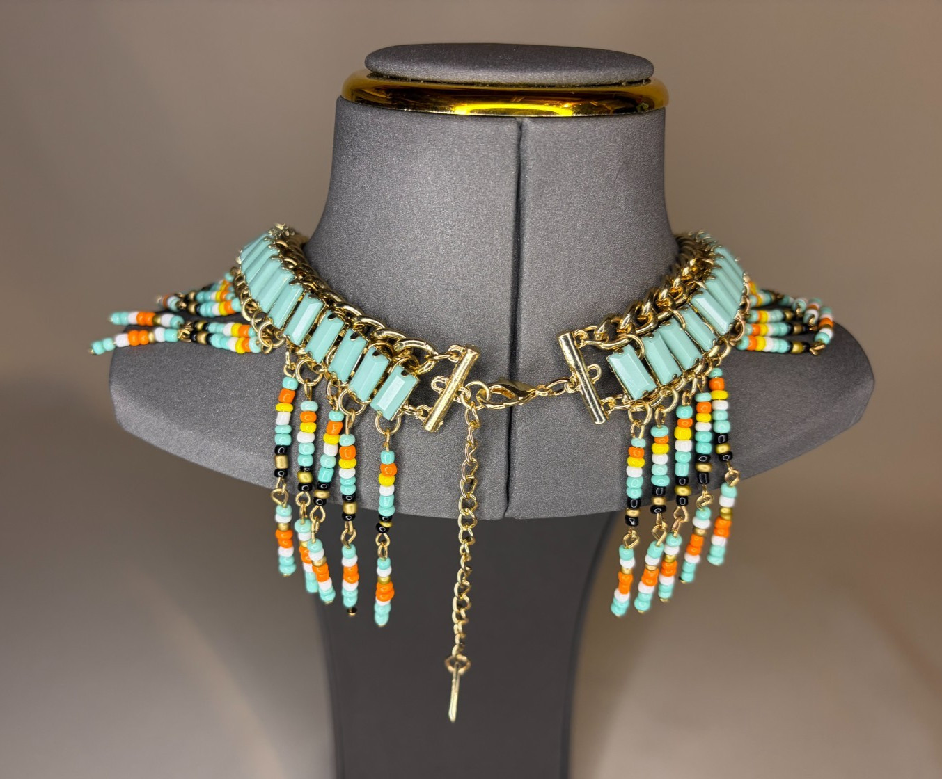 OwnKind Boho Seed Bead Fringe Statement Necklace Mint Green Tribal Geometric 15″