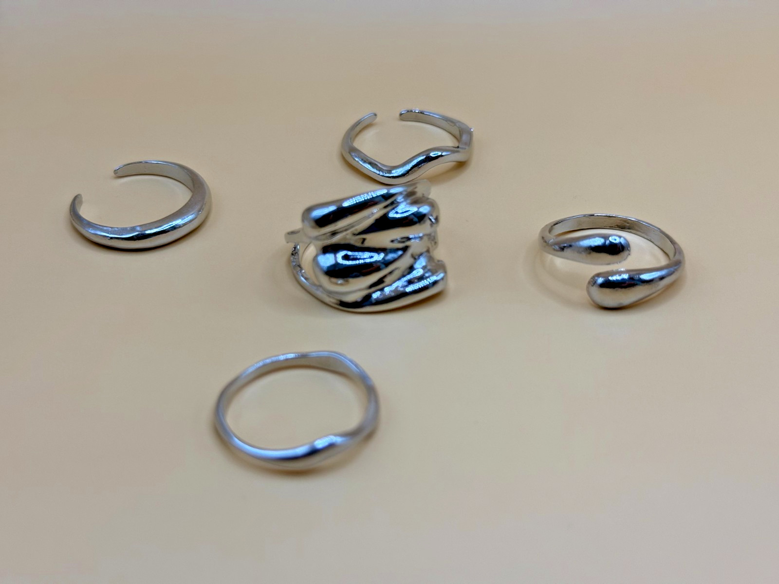 8 Pc Fashion Ring Lot – Adjustable & Fixed Rings – Cubic Zirconia Silver Tone