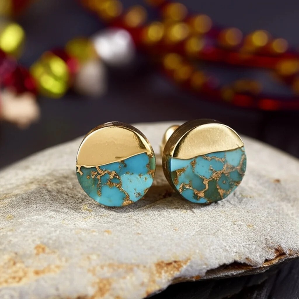 Handmade Natural Turquoise Stud Earrings Blue Gemstone Gold Plated Jewelry Gift