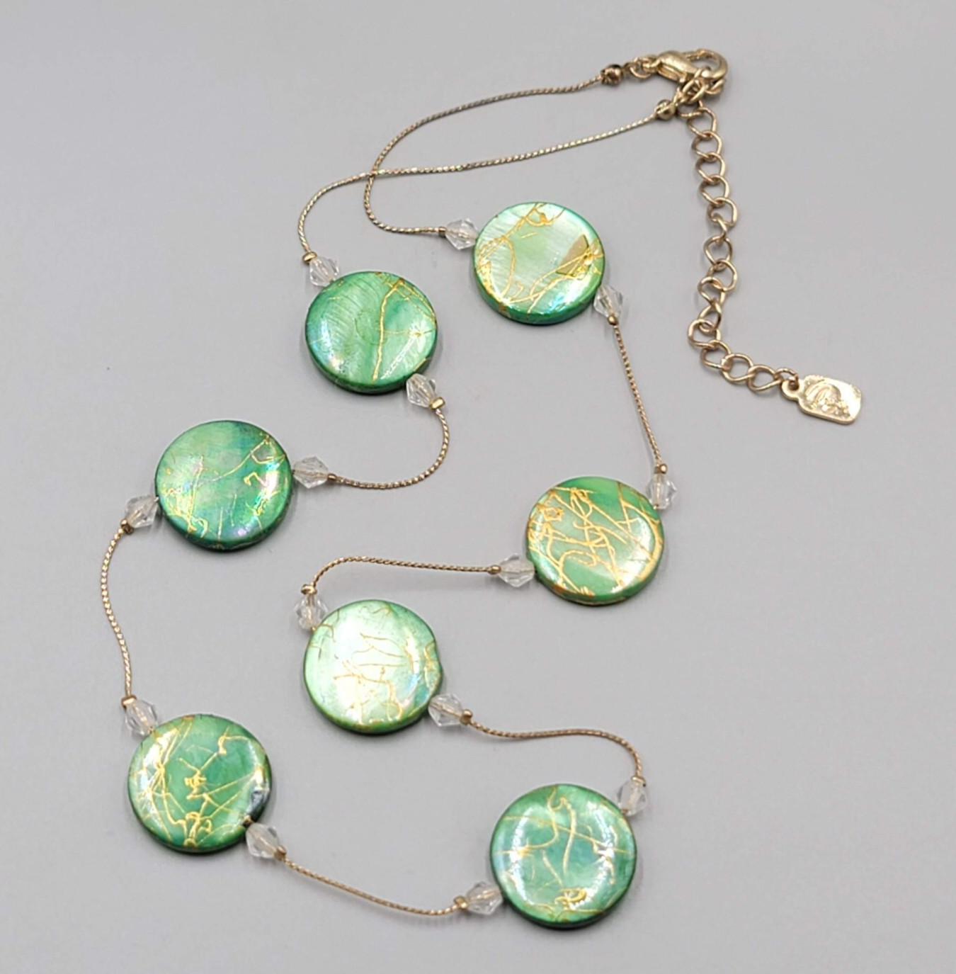 You and I Green Dyed Mother of Pearl Station Bead Necklace 22″+
