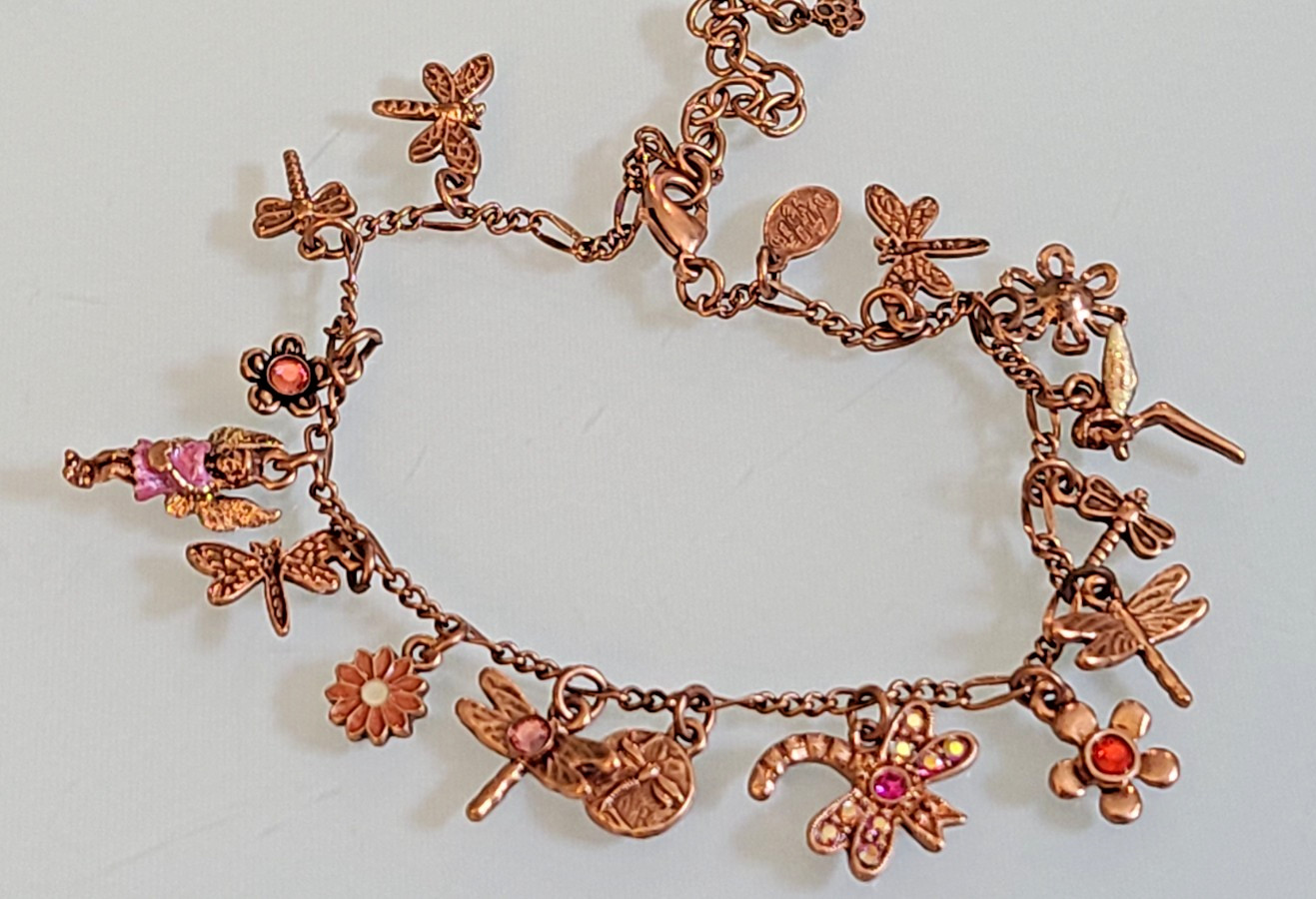 KIRKS FOLLY Vintage 11.5″ Charm Anklet Fairy Dragonfly Flower Rhinestone Copper