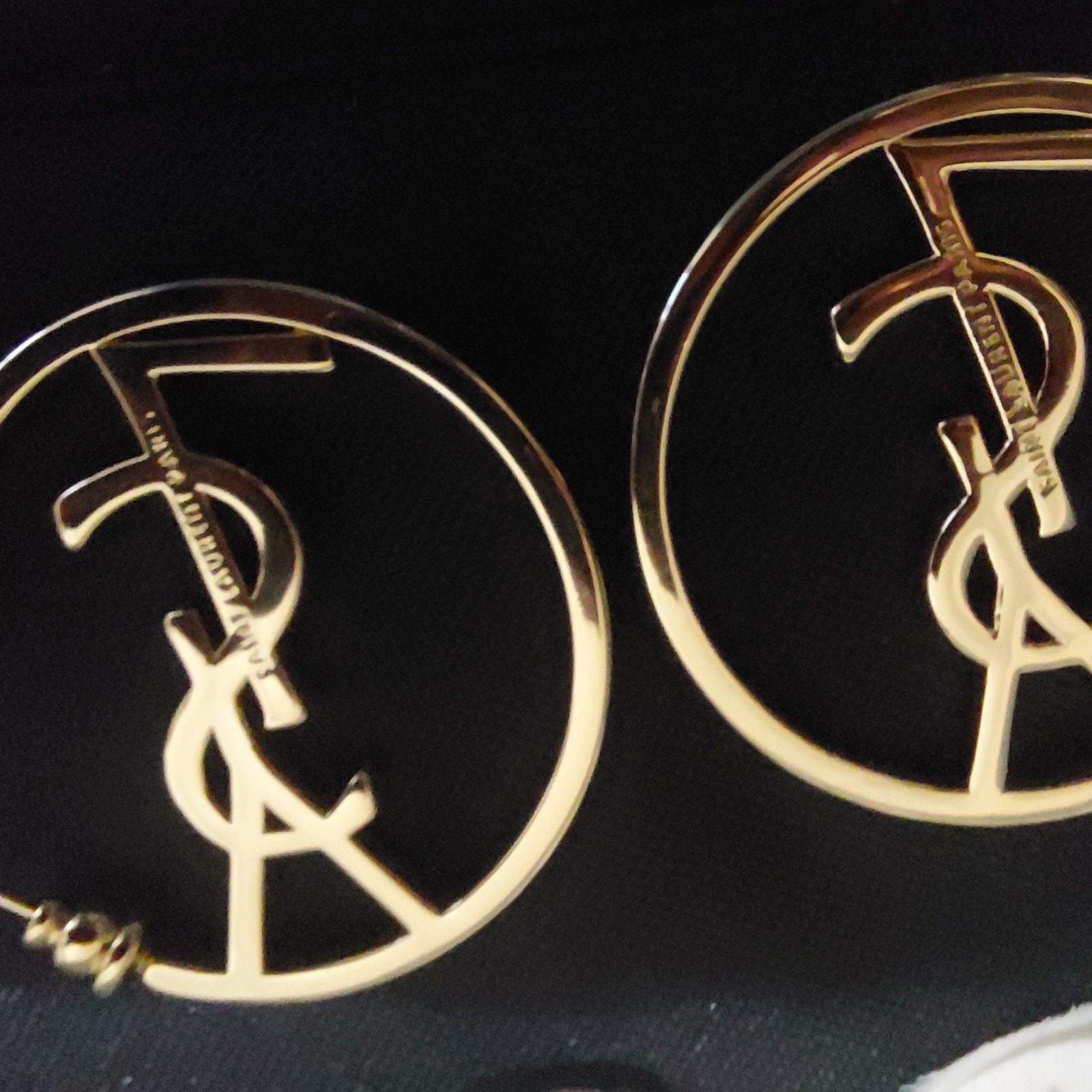 Auth. YVES SAINT LAURENT YSL LOGO Large HOOP EARRINGS Gold Tone