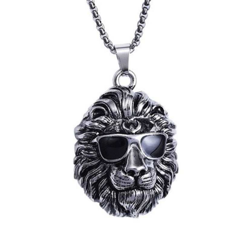 Cool Sunglasses Lion Head Necklace Stainless Steel 60cm Box Chain