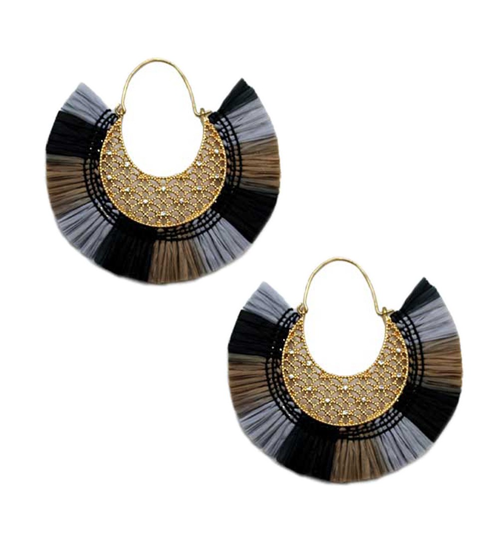 Metal Filigree and Raffia Fan Tassle BIG Earrings Black Gray Brown