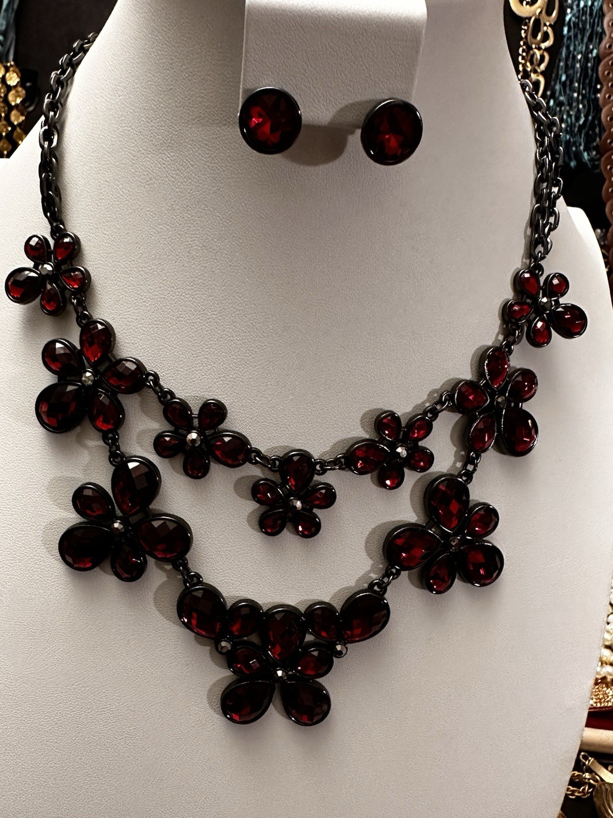 NWT Statement Necklace & Post Back Earrings black Metal and Red Glass