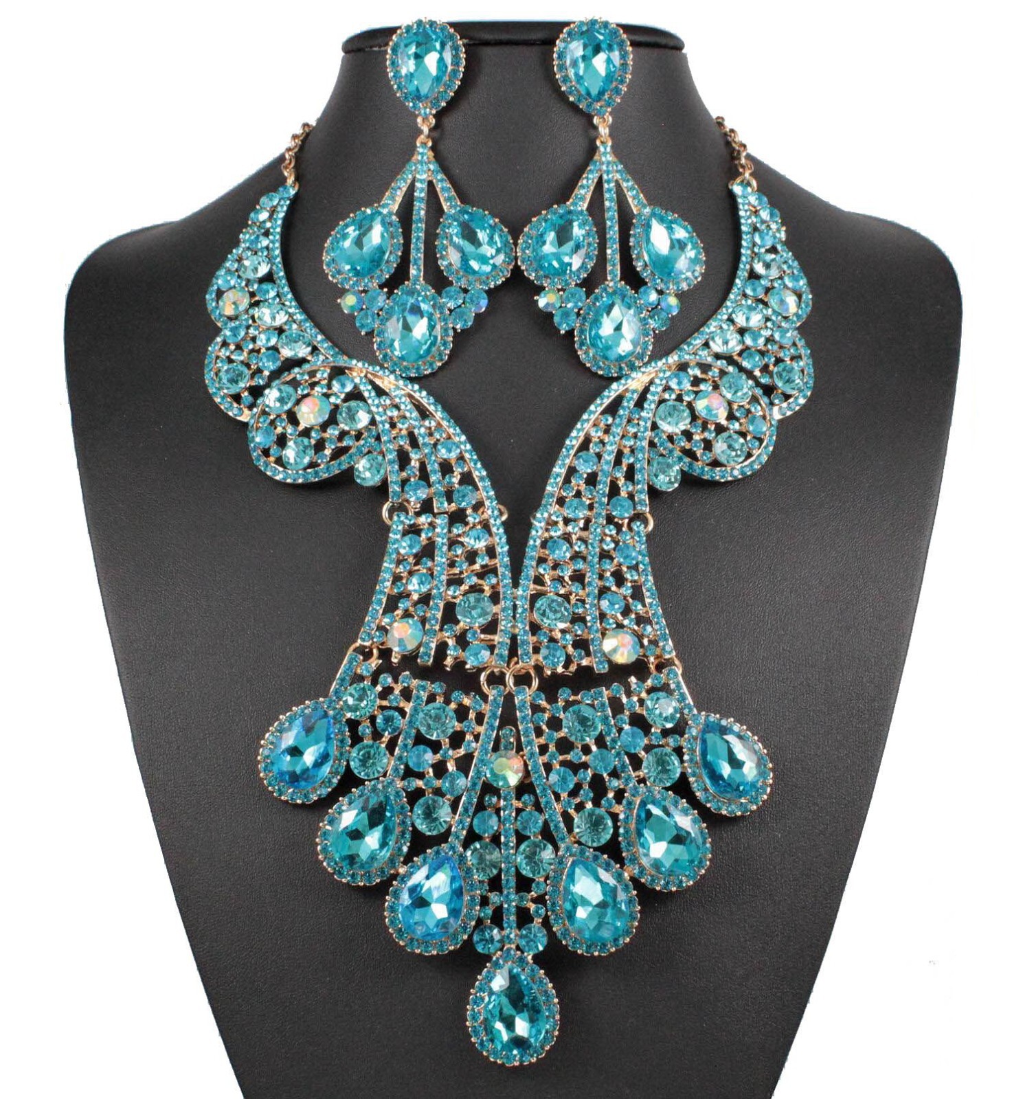 Peacock Teal Austrian Rhinestone Crystal Statement Necklace Earrings Set N820T