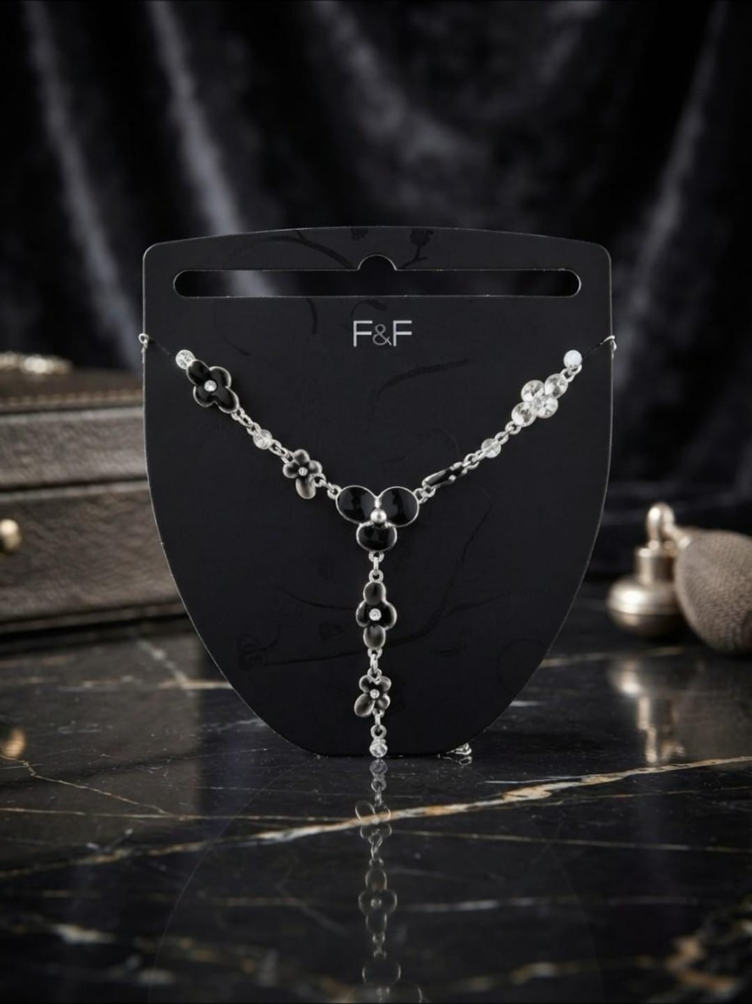 NWT F&F Women’s Floral Y-Necklace Silver Tone Black Enamel Crystal Statement Jew