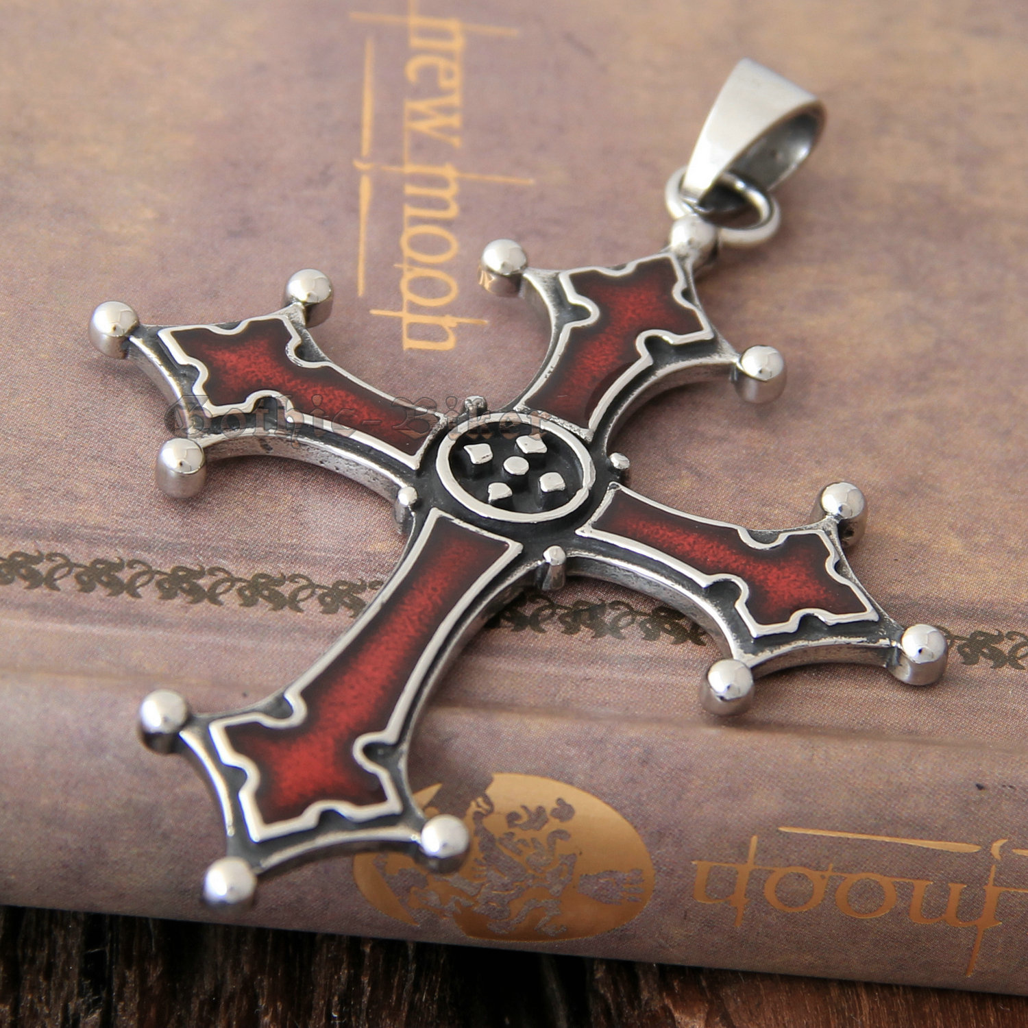 Men’s Gothic Bloody Red Enamel Solid 316L Stainless Steel Cross Necklace Pendant