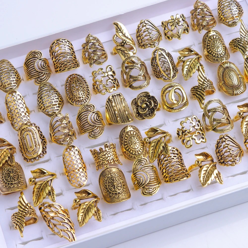 Wholesale 20pcs/Lots Mix Style Vintage Carved Flower Gold Plated Jewelry Rings