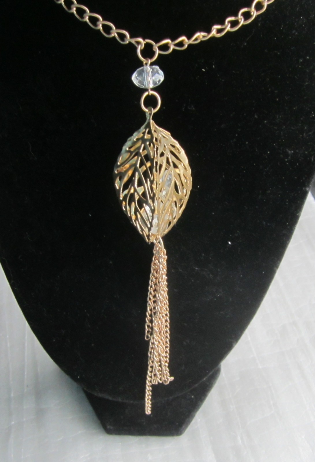 Filigree Gold Tone Leaf Pendant with Inside Clear Settings 30 in. Necklace