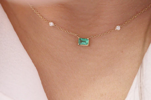 Green Emerald Shape & White 0.35CT Moissanites In 14K Yellow Gold Chain Necklace