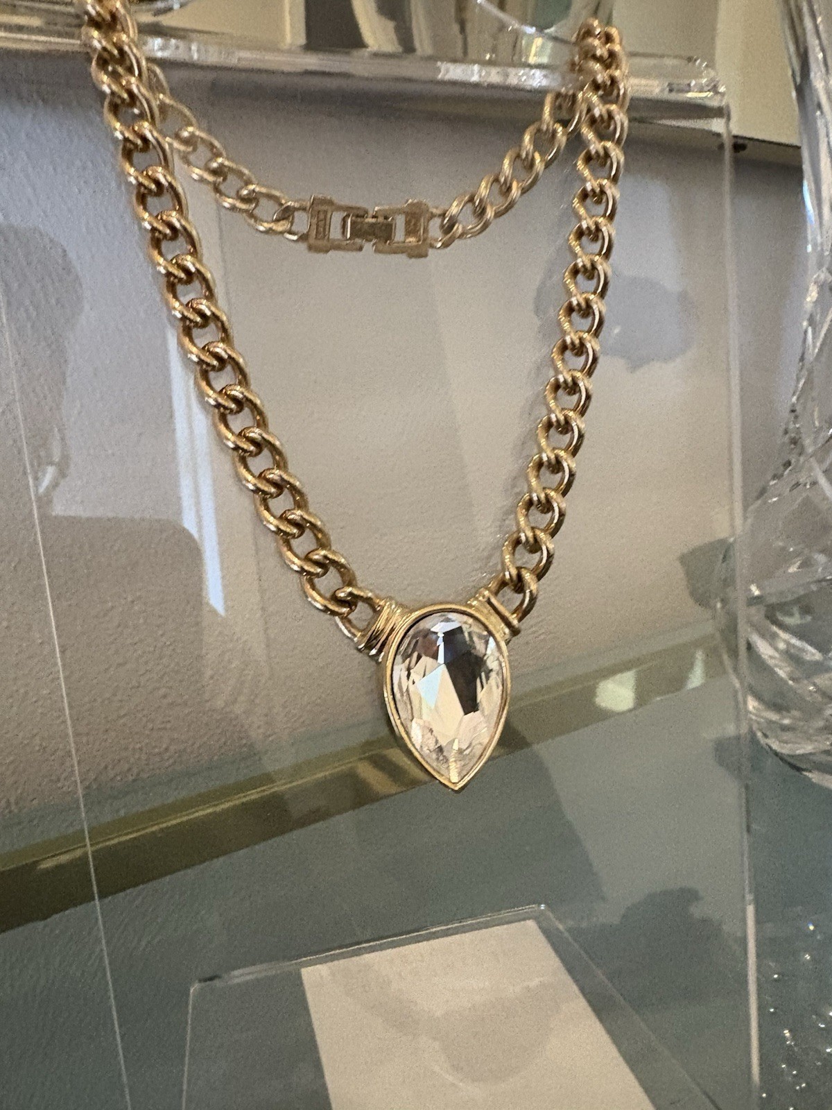 Gold Tone Curb Link Chain Necklace Teardrop Clear Crystal Charm Pendant